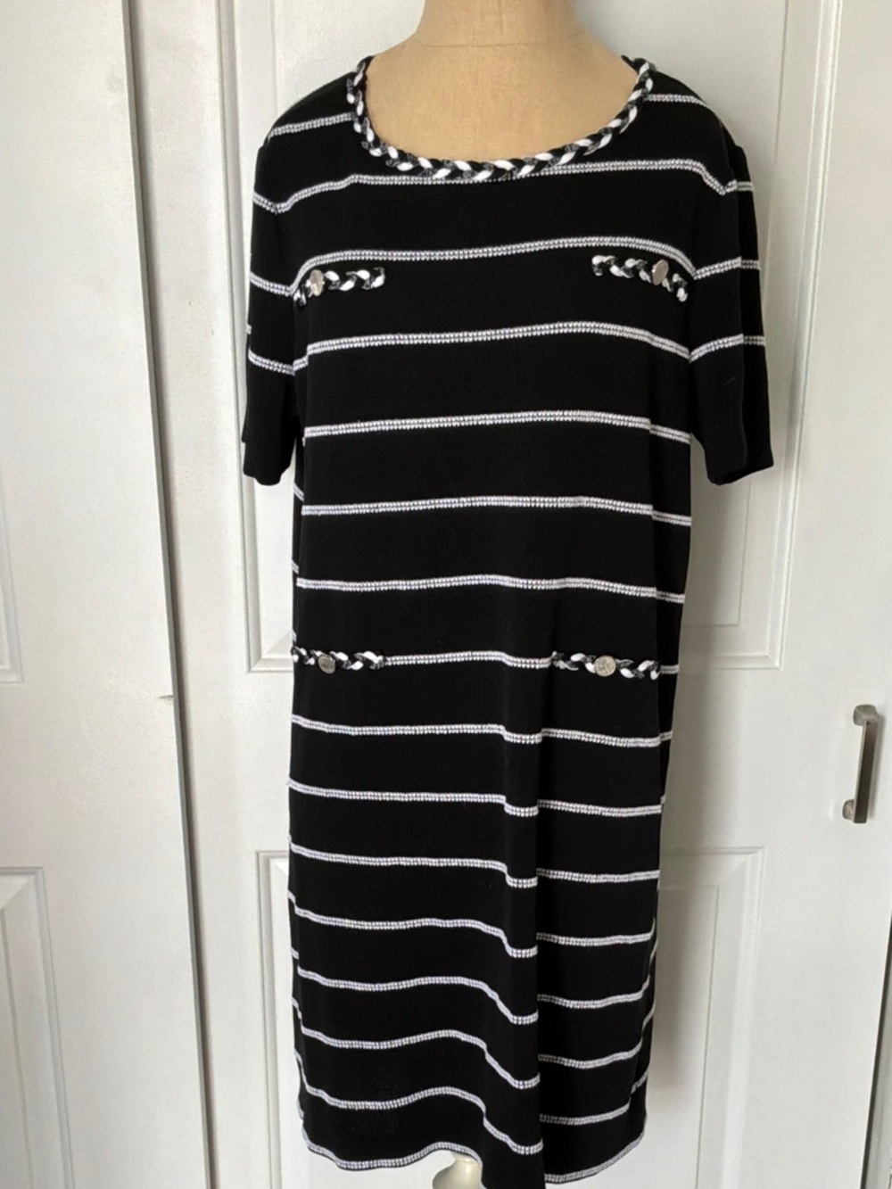 Misook Intarsia Knit  Black and White Striped Knit Shift Dress